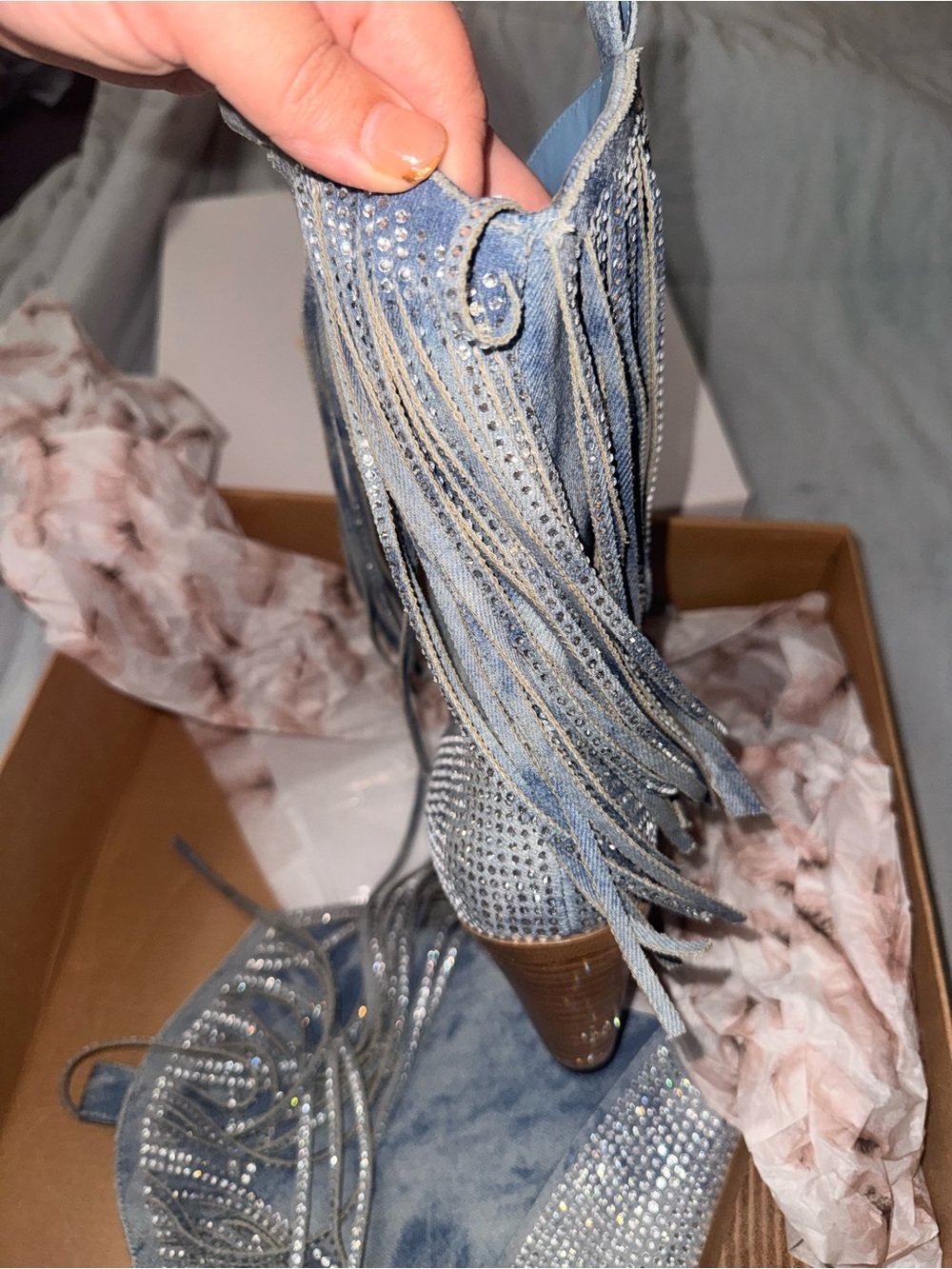 Women’s denim fringe boots - Silver Rhinestone Fringe Boots - Picture 8 of 10